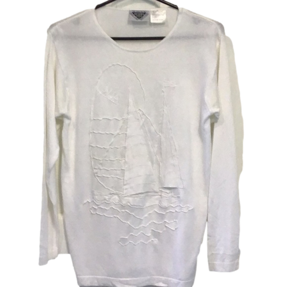 Vintage Jacques Vert Long Sleeve Knit Top With Sailboat Appliqué/ Embroidery